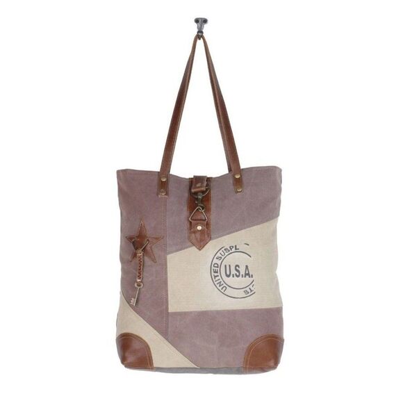 Myra Bag Handmade Undulate Tote Bag Upcycled Canvas & Cowhide Leather - Picture 5 of 8